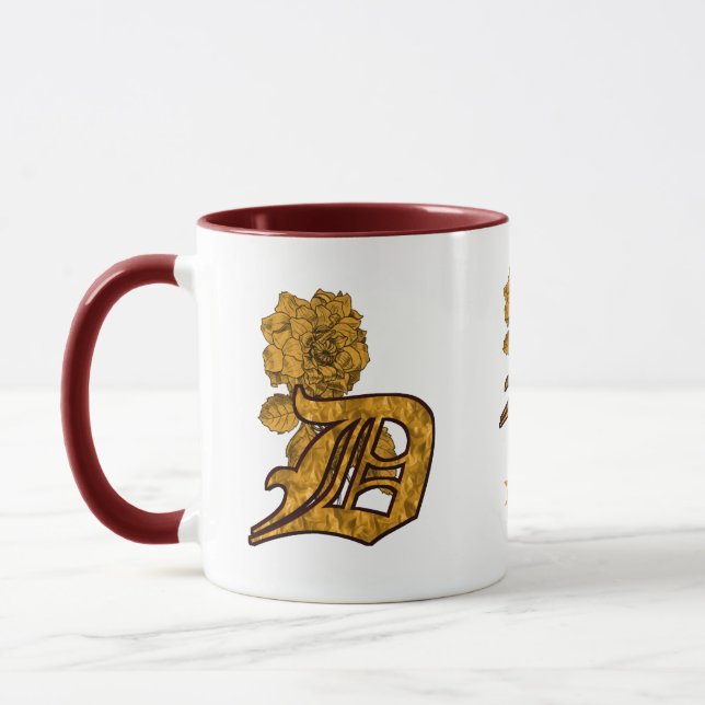 Monogram Initial D Elegant Gold Peony Personalized Mug (Left)