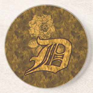 Monogram Initial D Gold Peony Flower Coaster