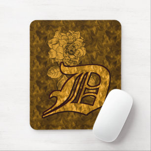 Monogram Initial D Gold Peony Flower Mouse Pad