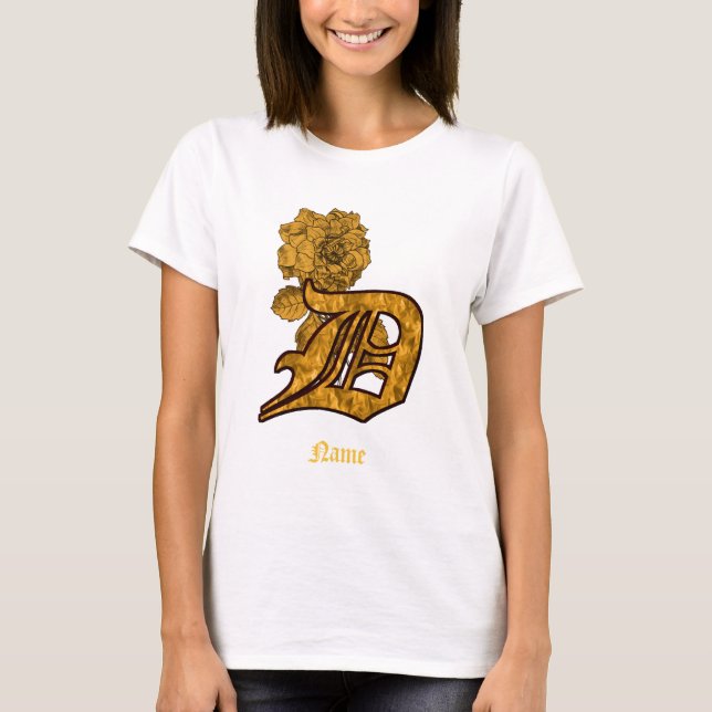 Monogram Initial D Gold Peony Flower Personalized T-Shirt (Front)