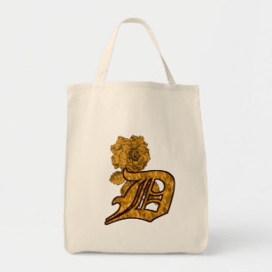 Monogram Initial D Gold Peony Tote Bag