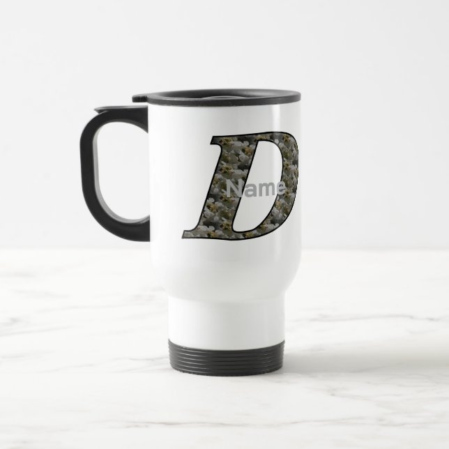 Monogram Initial D Hydrangea Flowers Personalized Travel Mug (Left)