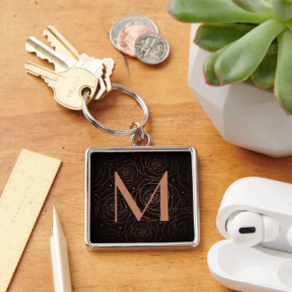 Monogram Initial Dark Floral Rose Golden Orange Keychain