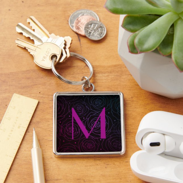 Monogram Initial Dark Floral Rose Magenta Purple Keychain (Desk)