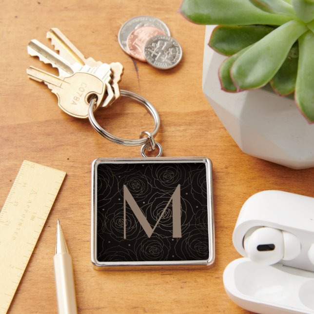 Monogram Initial Dark Floral Rose Timeless Neutral Keychain (Desk)