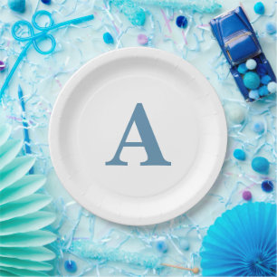 Monogram Initial Dusty Blue Elegant Custom Name Paper Plate