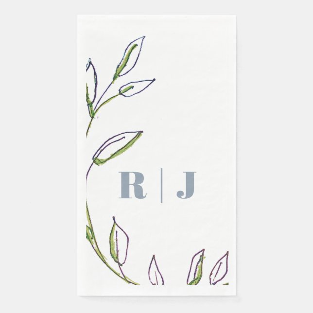 Monogram Initial Dusty Blue Green Leaf Art Wedding Napkin (Front)