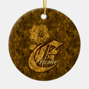 Monogram Initial E Elegant Gold Peony Personalized Ceramic Ornament