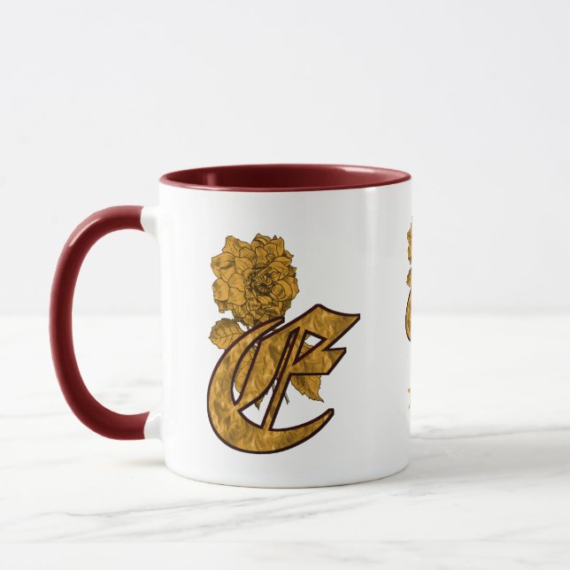 Monogram Initial E Elegant Gold Peony Personalized Mug (Left)