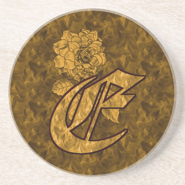 Monogram Initial E Gold Peony Flower Coaster (Front)