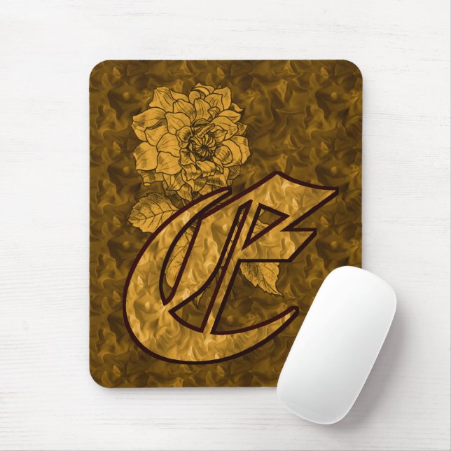 Monogram Initial E Gold Peony Flower Mouse Pad (With Mouse)