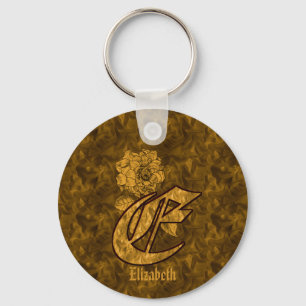 Monogram Initial E Gold Peony Personalized  Keychain