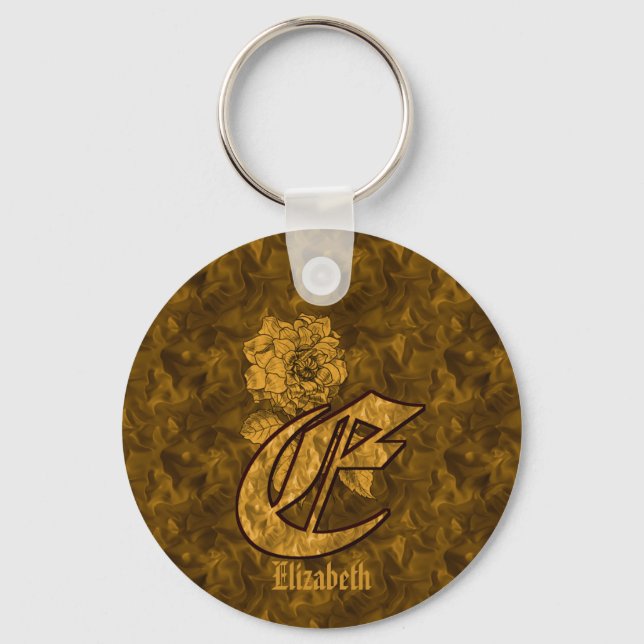 Monogram Initial E Gold Peony Personalized  Keychain (Front)
