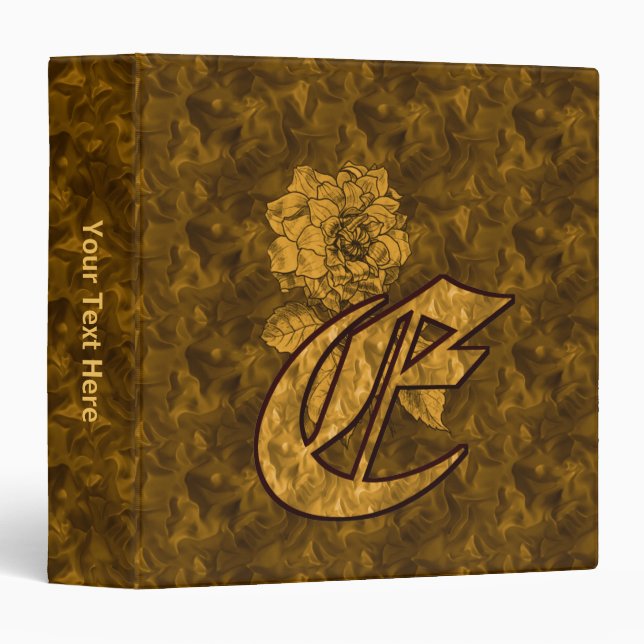 Monogram Initial E Gold Satin Peony Personalized Binder (Front/Spine)
