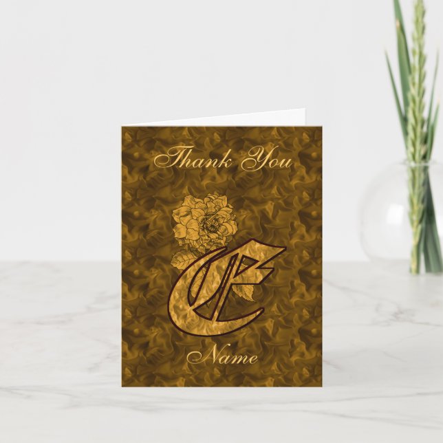 Monogram Initial E Gold Satin Peony Personalized Thank You Card (Front)