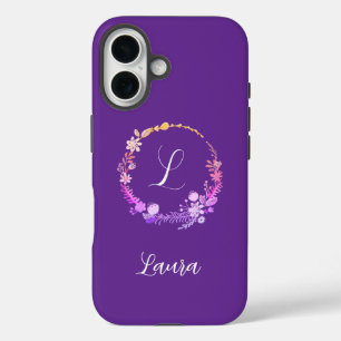 Monogram Initial Elegant Custom Name Purple Floral iPhone 16 Case