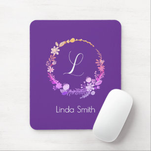 Monogram Initial Elegant Custom Name Purple Floral Mouse Pad