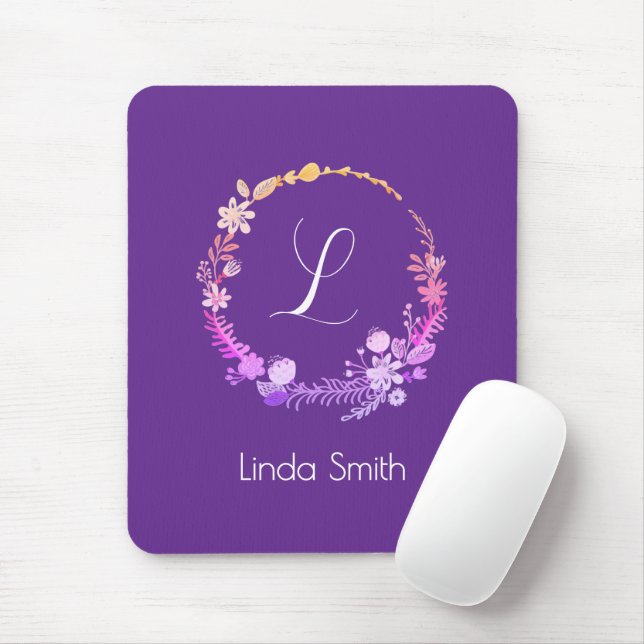 Monogram Initial Elegant Custom Name Purple Floral Mouse Pad (With Mouse)