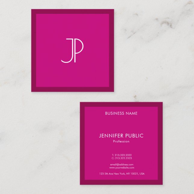 Monogram Initial Elegant Trend Colour Viva Magenta Square Business Card (Front/Back)
