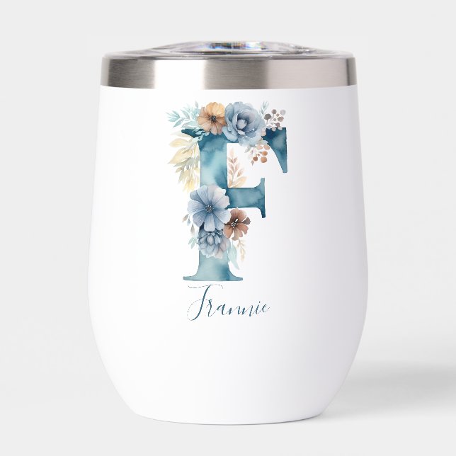 Monogram Initial F Blue Floral Watercolor Gift Her (Front)