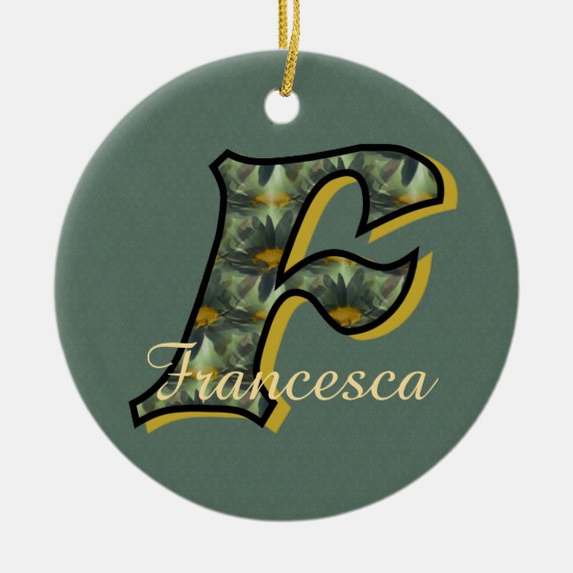 Monogram Initial F Daisies Floral Personalized  Ceramic Ornament (Front)