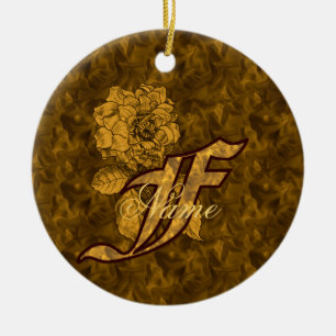 Monogram Initial F Elegant Gold Peony Personalized Ceramic Ornament