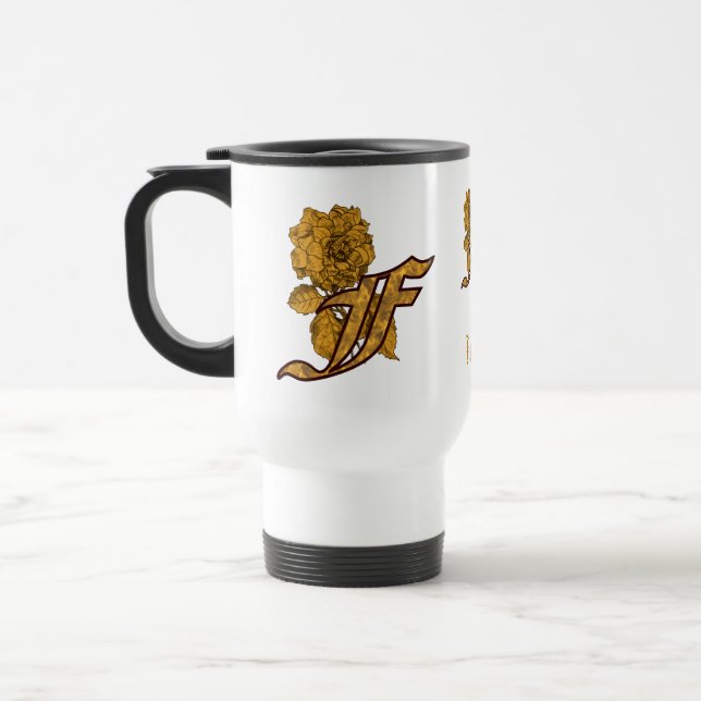 Monogram Initial F Elegant Gold Peony Personalized Travel Mug (Left)