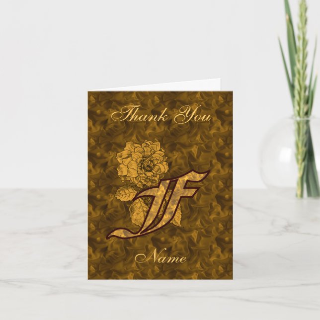 Monogram Initial F Gold Satin Peony Personalized Thank You Card (Front)
