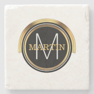 Monogram Initial Family Name   Art Deco Black Gold Stone Coaster