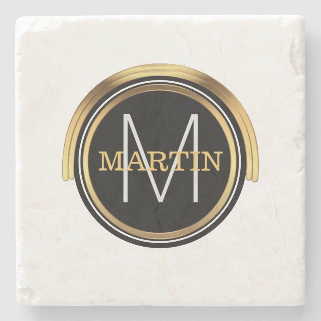 Monogram Initial Family Name | Art Deco Black Gold Stone Coaster (Front)