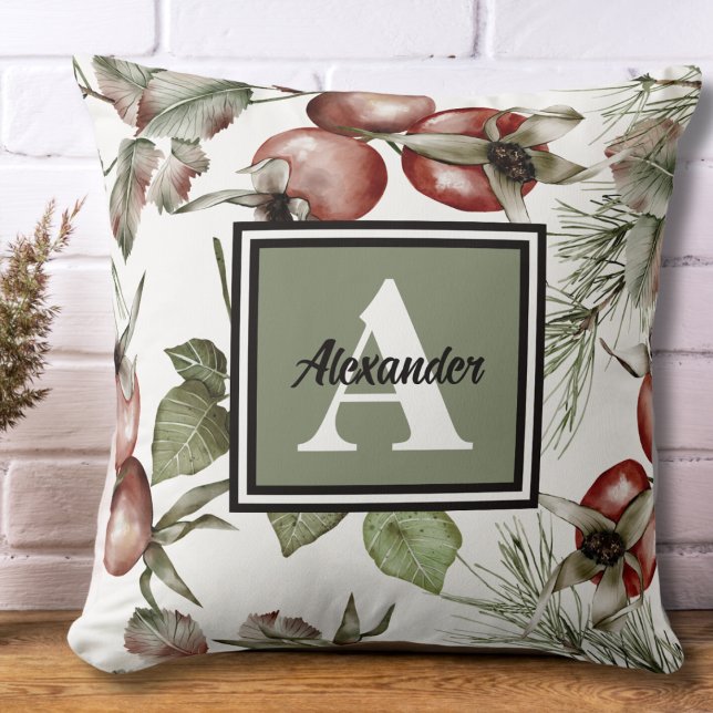 Monogram Initial & Family Name Elegant Botanical Throw Pillow (Monogram Name and Initial Autumn Watercolor Fall Decor Throw Pillow)