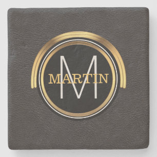 Monogram Initial Family Name Gold Black Leather Stone Coaster