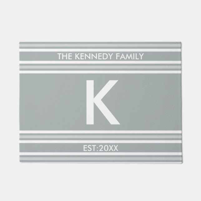 Monogram Initial Family Name Grey White Stripe Doormat (Front)