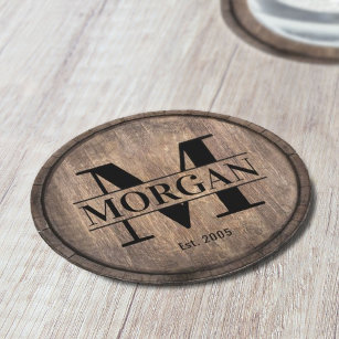 Monogram Initial Family Name Rustic Faux Wooden Round Paper Coaster