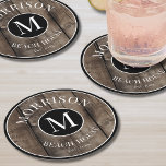 Monogram Initial Family Name Rustic Wood Round Paper Coaster<br><div class="desc">These rustic coasters are the perfect addition to your family beach house, lake house, or for gatherings like parties and family reunions. They feature a bold initial monogram at the centre, with your family name elegantly displayed at the top. The bottom reads "Beach House, " but this can be customized...</div>