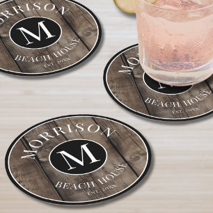 Monogram Initial Family Name Rustic Wood Round Paper Coaster