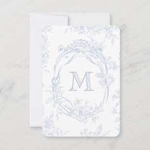 Monogram Initial Floral Blue Toile Wedding Bridal Thank You Card