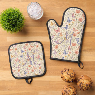 Monogram Initial Florals Butterflies Gift Oven Mitt & Pot Holder Set