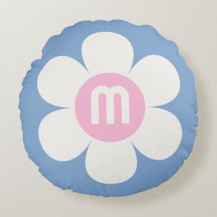 Monogram Initial Flower Power Daisy pink & blue Round Pillow