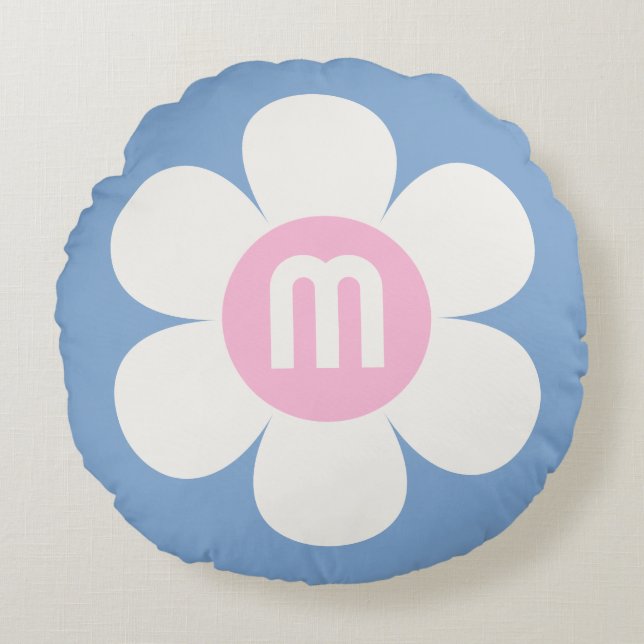 Monogram Initial Flower Power Daisy pink & blue Round Pillow (Front)