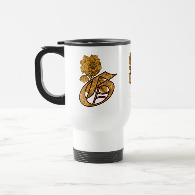 Monogram Initial G Elegant Gold Peony Personalized Travel Mug (Left)