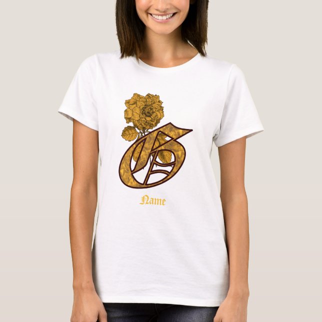Monogram Initial G Gold Peony Flower Personalized T-Shirt (Front)