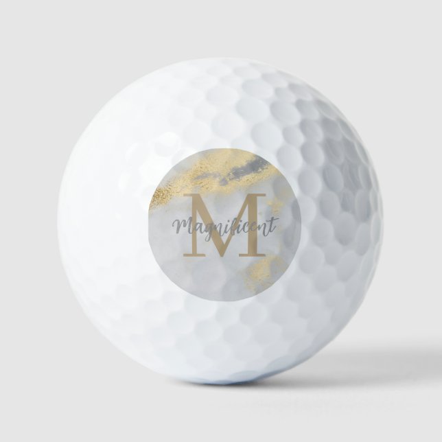 Monogram Initial Gold and Grey Marble Golf Balls (Front)