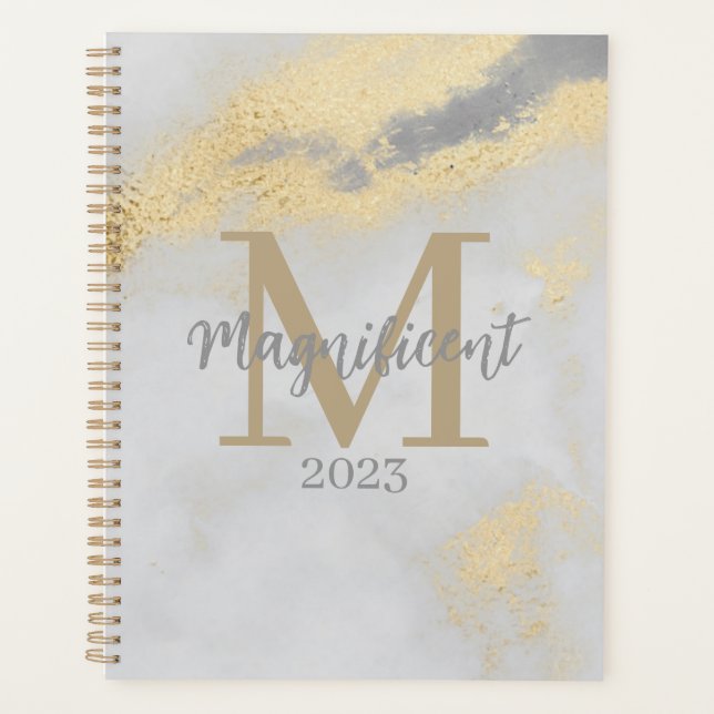 Monogram Initial Gold and Grey Marble Planner (Front)