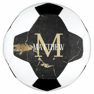 Monogram Initial Gold Black Marble Soccer Ball