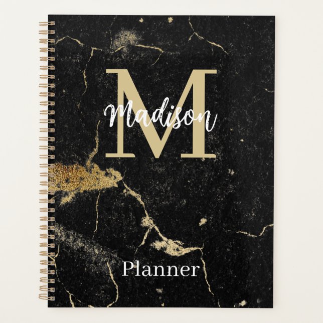 Monogram Initial Gold Black Marble Undated Planner (Front)