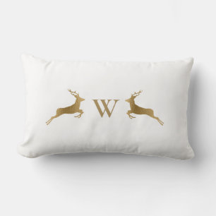 Monogram Initial Gold Deer White Winter Lumbar Pillow
