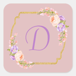 Monogram Initial Gold Frame with Flower Laurels Square Sticker