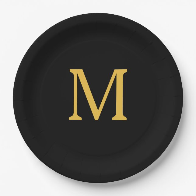 Monogram Initial Gold Golden Black Custom Name Paper Plate (Front)