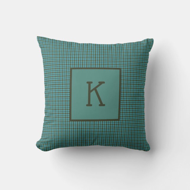Monogram Initial Green Blue Brown Black Plaid  Throw Pillow (Front)